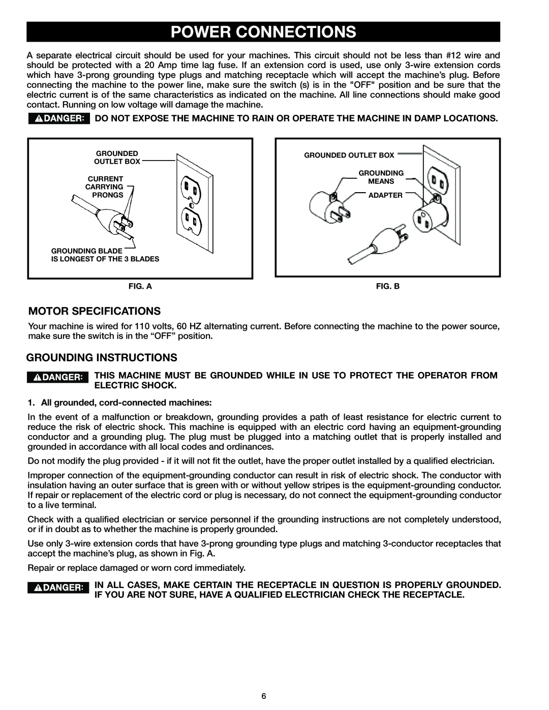 Delta 37-071 instruction manual Power Connections, Motor Specifications, Grounding Instructions 